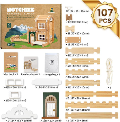 Jovi-mindly＆Notchies 96 PCS Wooden Blocks Wooden Toys with Storage Bag, Preschool Learning Toys Wood Blocks Building for Kids Ages 4-8 Creative Construction Game,FSC Certified,Birthday Toys Gifts
