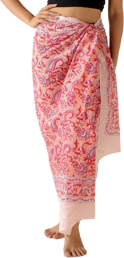 100% Cotton Sarong Cover Up for Women Indian Block Print Beach Wrap Skirt Long Boho Swimsuit Bikini Pareo (73” x 43”)