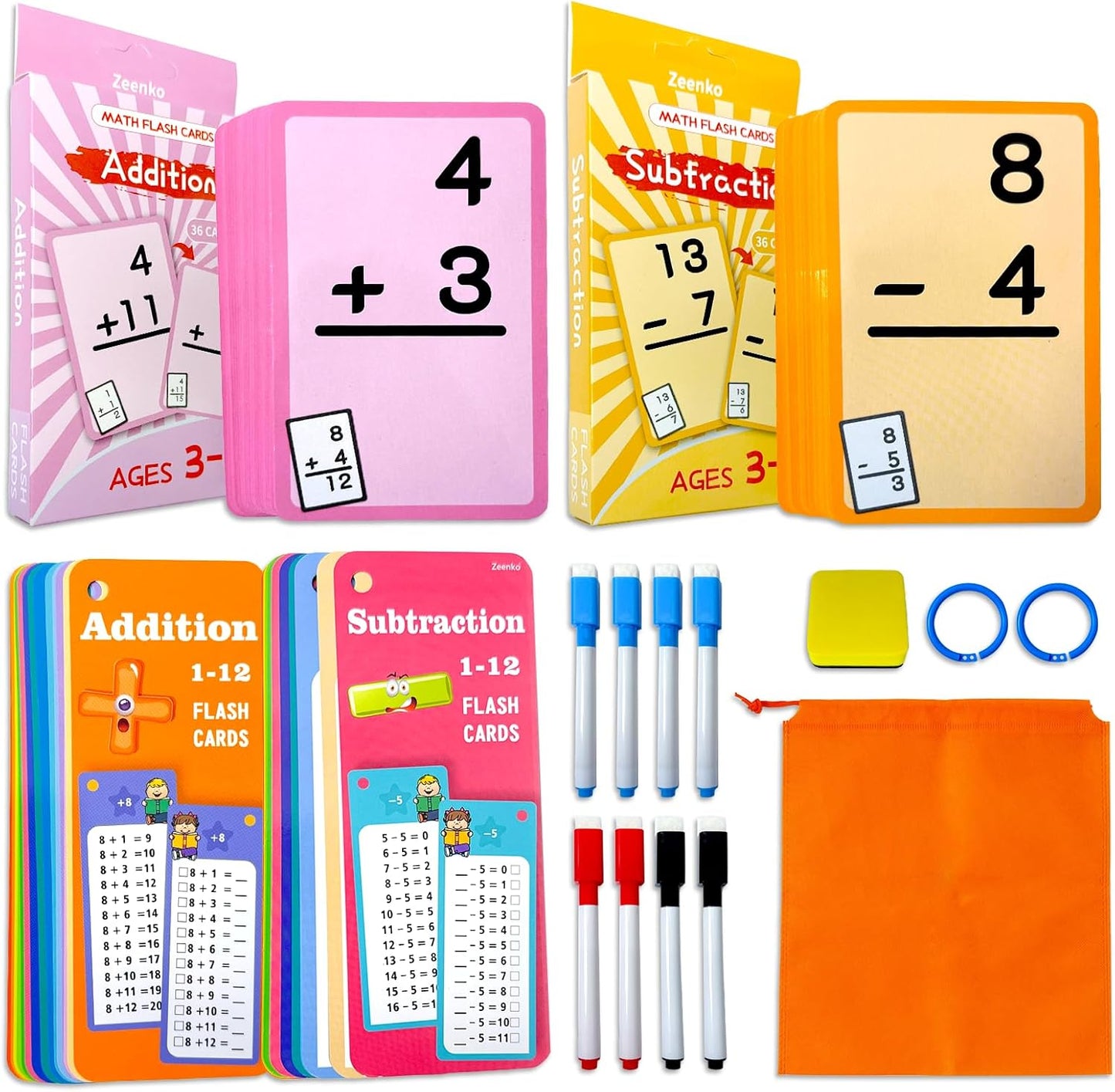 1-12 Math Flash Cards with 6 Dry Erase Pens, 15Pcs Big Multiplication Flash Cards + 36 Pcs Random Double-Sided Multiplication Practice Cards, Educational Math Flashcards for Kids Ages 6+