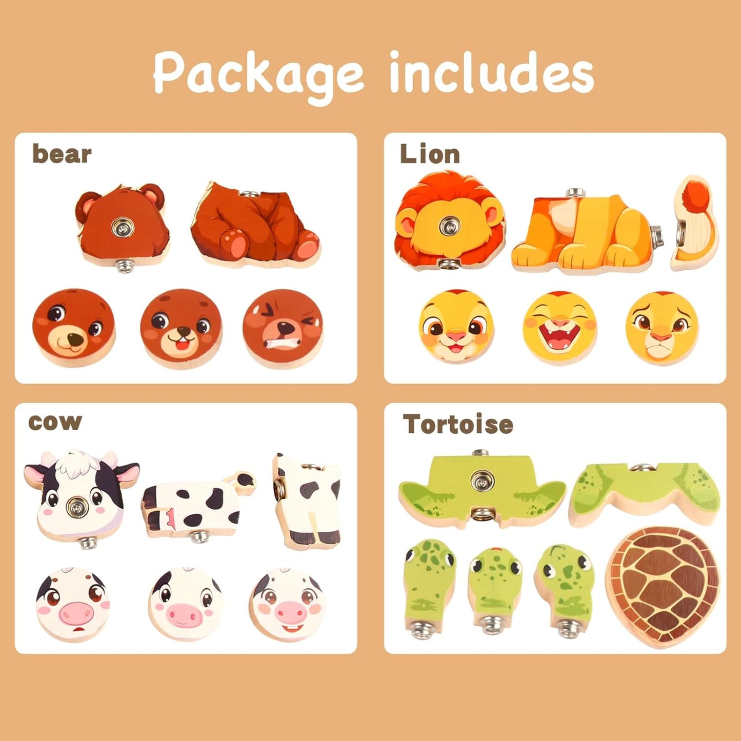 HUZU Animal Snap Wooden Building Blocks – Fun & Educational Puzzle Toy for Kids Aged 3-8, Features Cow, Bear, Lion and Turtle, Matching Game with Interchangeable Animal Faces & Emotions