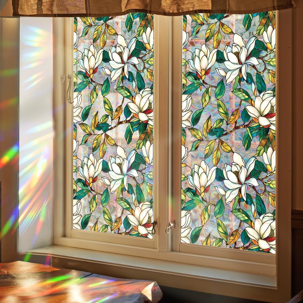 Flower Stained Glass Window Film Decorative Static Cling Stickers Sun Blocking Privacy Decals for Home Car White Lily