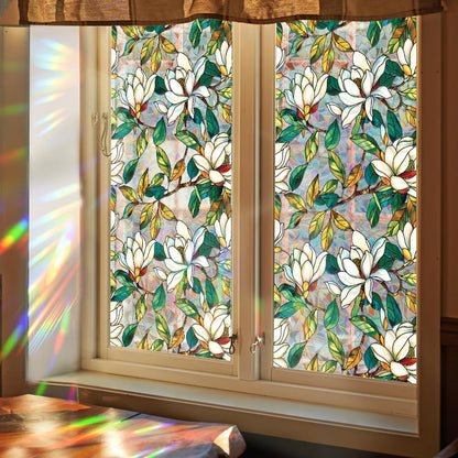 Flower Stained Glass Window Film Decorative Static Cling Stickers Sun Blocking Privacy Decals for Home Car White Lily