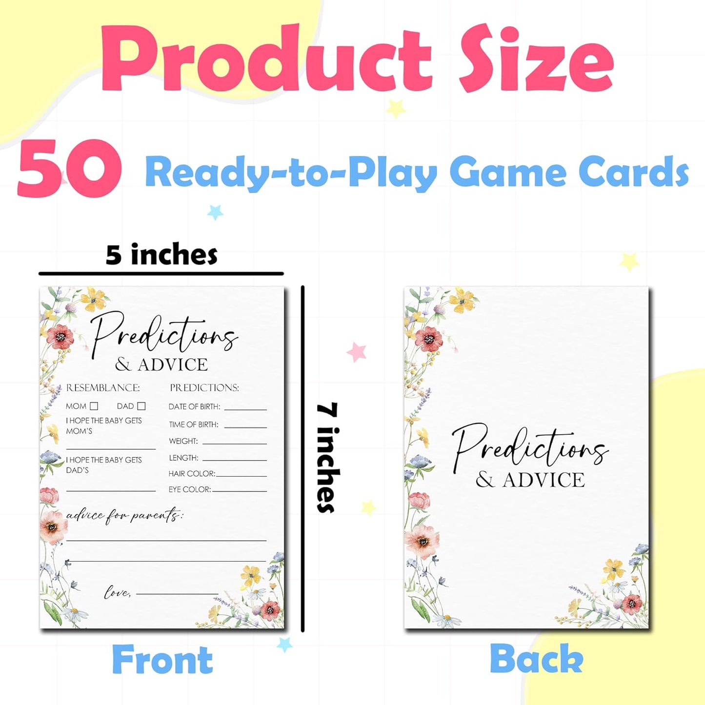 Spring Wildflowers Predictions & Advice Theme Baby Shower Games for New Parents - 50 Flowers Game Cards for Boys & Girls -Gender Neutral Gender Reveal Baby Announcement Activities Supplies & Decor-A02