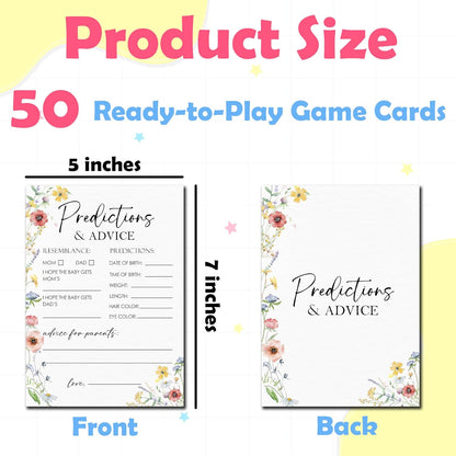 Spring Wildflowers Predictions & Advice Theme Baby Shower Games for New Parents - 50 Flowers Game Cards for Boys & Girls -Gender Neutral Gender Reveal Baby Announcement Activities Supplies & Decor-A02