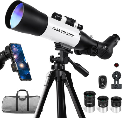 FREE SOLDIER Telescope for Kids 70mm Aperture Astronomical Refractor Telescopes for Beginners (15X-150X) 300mm Telescope for Adults High Powered with A Phone Adapter & A Wireless Remote (White)