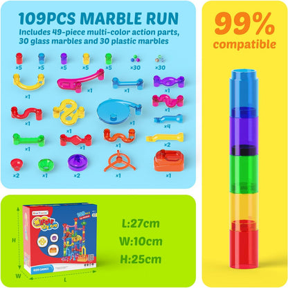 MaxTronic Marble Run kit, 109 Pcs Marble Maze Race Building Blocks Toy Game & STEM Learning Toys Christmas Birthday Gift for Kids Aged 3-12