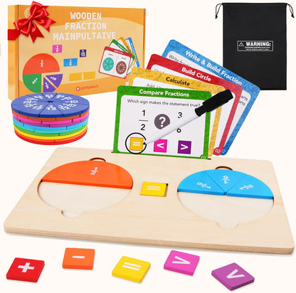 Wooden Fraction Manipulatives Set, Double-Sided Fraction Circles & Fraction Tiles with Addition & Subtraction Symbols, Montessori Math Learning Toy for Homeschool & Elementary Classroom Grade K-3