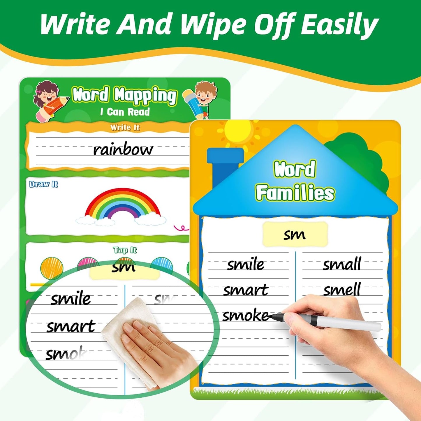 12 Packs Word Families Read and Rhyme Phonemic Awareness Dry Erase Board, Speech Therapy Phonics Games Flash Cards, Elkonin Boxes Science of Reading Spelling Manipulatives Classroom Must Have