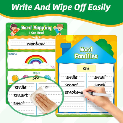 12 Packs Word Families Read and Rhyme Phonemic Awareness Dry Erase Board, Speech Therapy Phonics Games Flash Cards, Elkonin Boxes Science of Reading Spelling Manipulatives Classroom Must Have