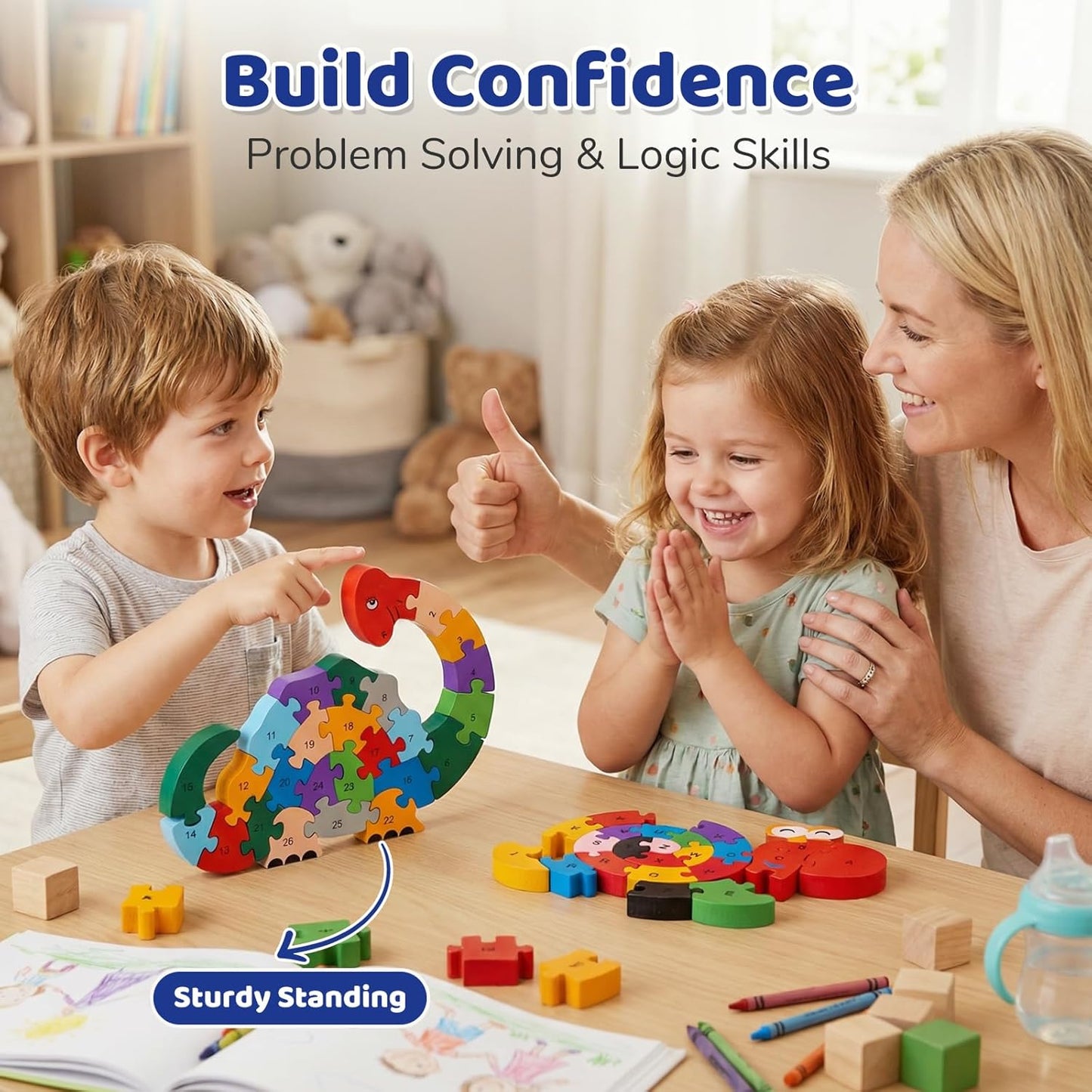 LovesTown Wooden Puzzles for Kids, Double Sided Snail & Dinosaur Jigsaw Set with Alphabet & Numbers, Montessori Educational Toy for Toddlers, Chunky Animal Gift