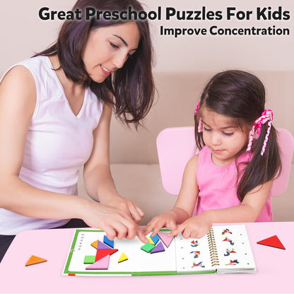 Travel Tangram Puzzle Car Game Magnetic Pattern Blocks Road Airplane Trip Essentials Activities Montessori Educational Toys Brain Teasers Book for Age 4-8 Kids Boys Girls Toddler (240 Solution)