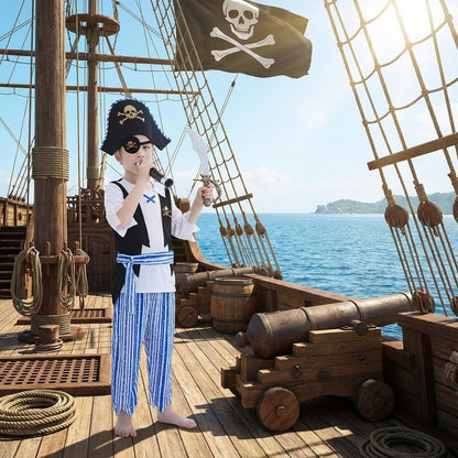 Wizland Kids Pirate Costume, 7Pcs Boys Pirate Outfit with Telescope, Treasure Map Eyepatch, Cutlass