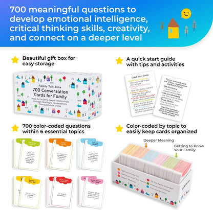 700 Family Conversation Cards, Fun Conversation Starters for Families, Play Dinner Table Games, Family Talking Cards, Color-Coded Across 6 Topics, Take Anywhere