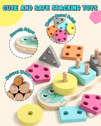 Zeewoo 1 Year Old Girl Boy Gifts Montessori Educational Toys for 1 2 Year Old Caterpillar Wooden Shape Sorter Stacking Toys for Toddlers 1-3 Preschool Learning Toy Birthday Gift