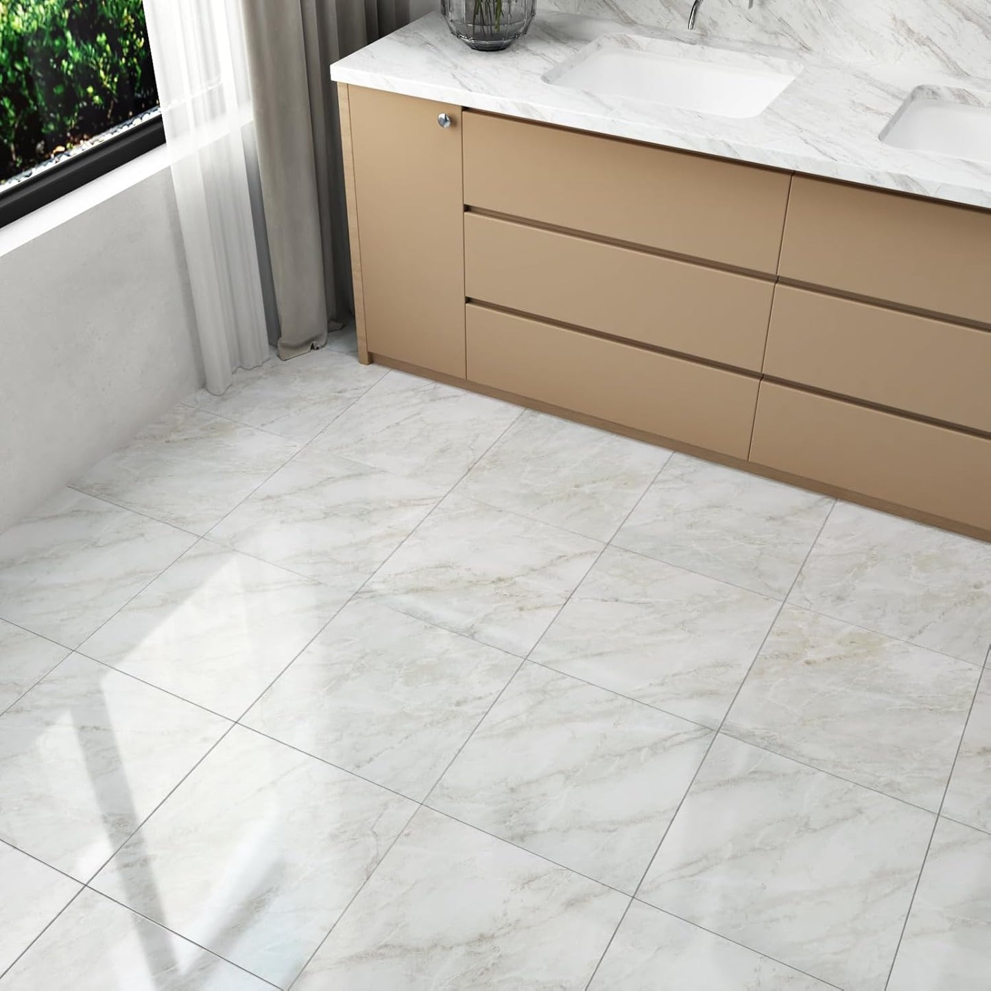 Wallercity White Marble Peel and Stick Vinyl Floor Tiles 6-Pack 12x12 Inches Self Adhesive Waterproof Flooring Planks for Bathroom Kitchen Bedrooms Stick on Floor Tiles Laminate Sheets Vinyl Flooring
