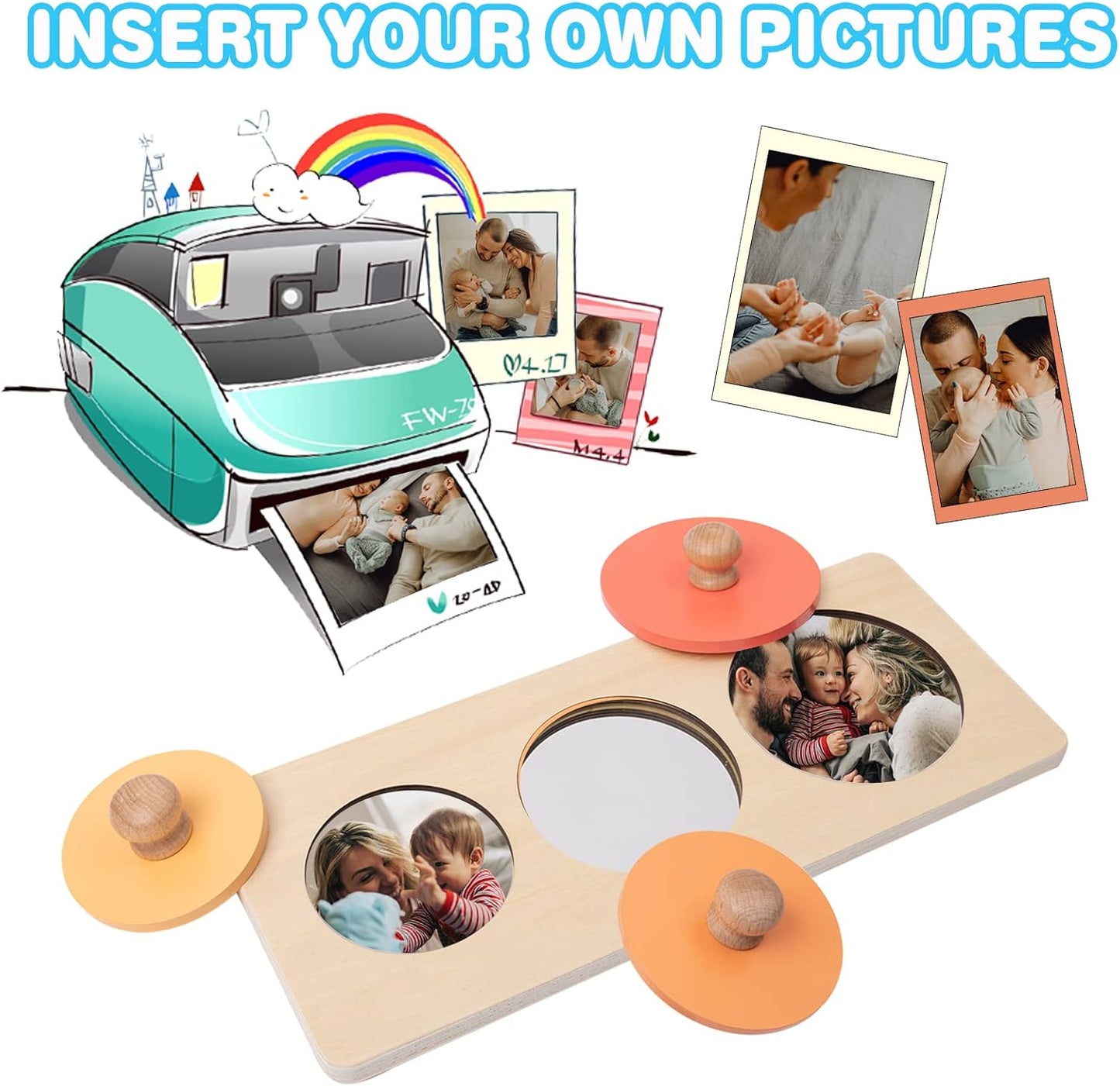 Twefex Baby Puzzles 12-18 Months - Montessori Multiple Shapes Knob Wooden Puzzles for Toddlers 1-3 - Peekaboo Photo Puzzle with Baby Mirror & 10 Real-Life Cards
