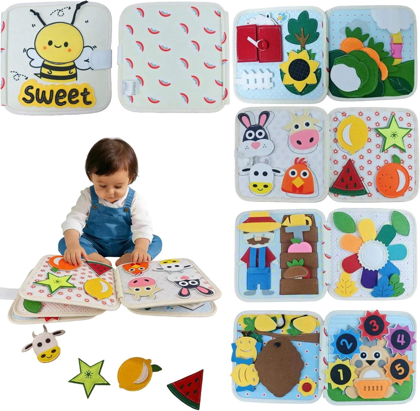 Montessori Forest Animals Busy Book, Airplane Travel Felt Quiet Busy Board for Toddler 1-3, Preschool Kids Learning Activities Sensory Toy to Develop Fine Motor Skills, Boys Girls Birthday Gift (#A)