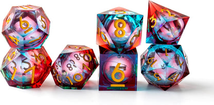 Liquid Core DND Dice Set, 7pcs Sharp Edge Dice for Role Playing Dungeons and Dragons Ttrpg with Gift Box, Handmade Resin D&D Dice RPG Role Playing Games Dice Set(Blue Gold)