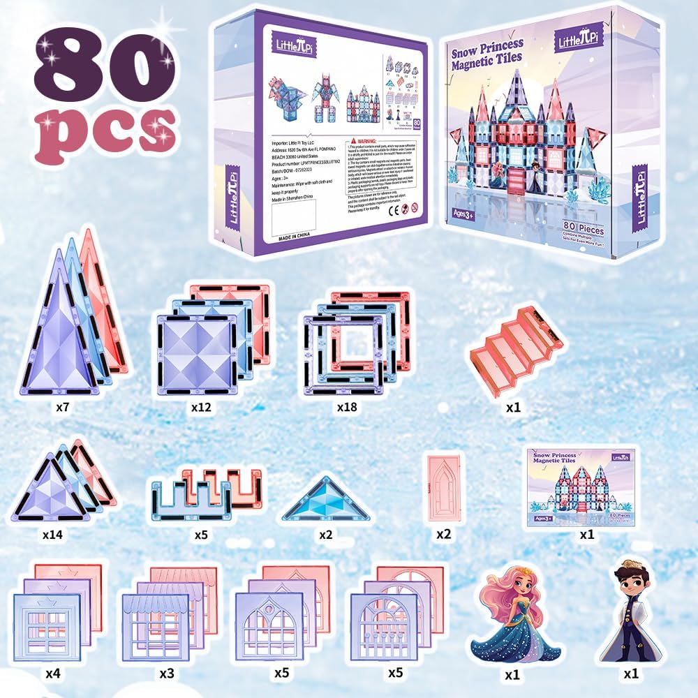 Little Pi 104pcs Frozen Princess Castle Magnetic Tiles Building Blocks - 3D Diamond Blocks, STEM Educational Toddler Toys for Pretend Play, 4 Year Old Girl Birthday Gifts Kids Ages 3 5 6 7 8 - Pink