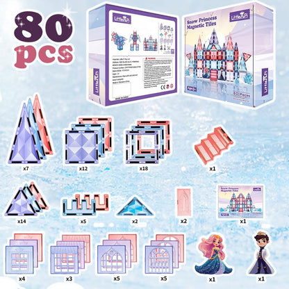 Little Pi 104pcs Frozen Princess Castle Magnetic Tiles Building Blocks - 3D Diamond Blocks, STEM Educational Toddler Toys for Pretend Play, 4 Year Old Girl Birthday Gifts Kids Ages 3 5 6 7 8 - Pink