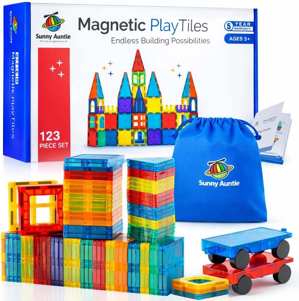 SUNNY AUNTIE Magnetic Tiles 56 PCS Building Set – Magnetic Building Tiles STEM Toy for Kids & Toddlers Ages 3-8, Magnet Construction Set for Boys & Girls