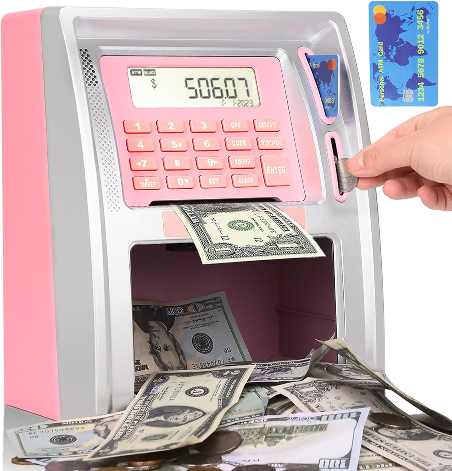 BKstar Kids Talking ATM Piggy Bank for Real Money with Dual Debit Cards, Power-Off Memory, Auto-Opening Drawer, Onekey Shutdown, Bill Feeder, Coin Recognition, Balance Calculator Machine