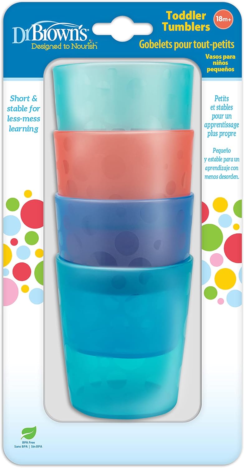 Dr. Brown's Toddler Tumblers, Stackable Open Training Cups, BPA-Free, 18m+, 4-Pack
