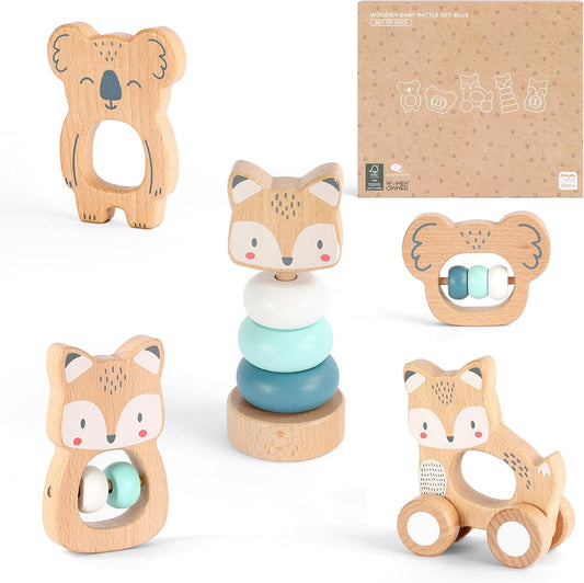 FReniland Wooden Montessori Baby Toys Set, 5-Piece Newborn Gift Set with Koala Rattle, Fox Stacking Rings & Push-Pull Toy for Boys and Girls