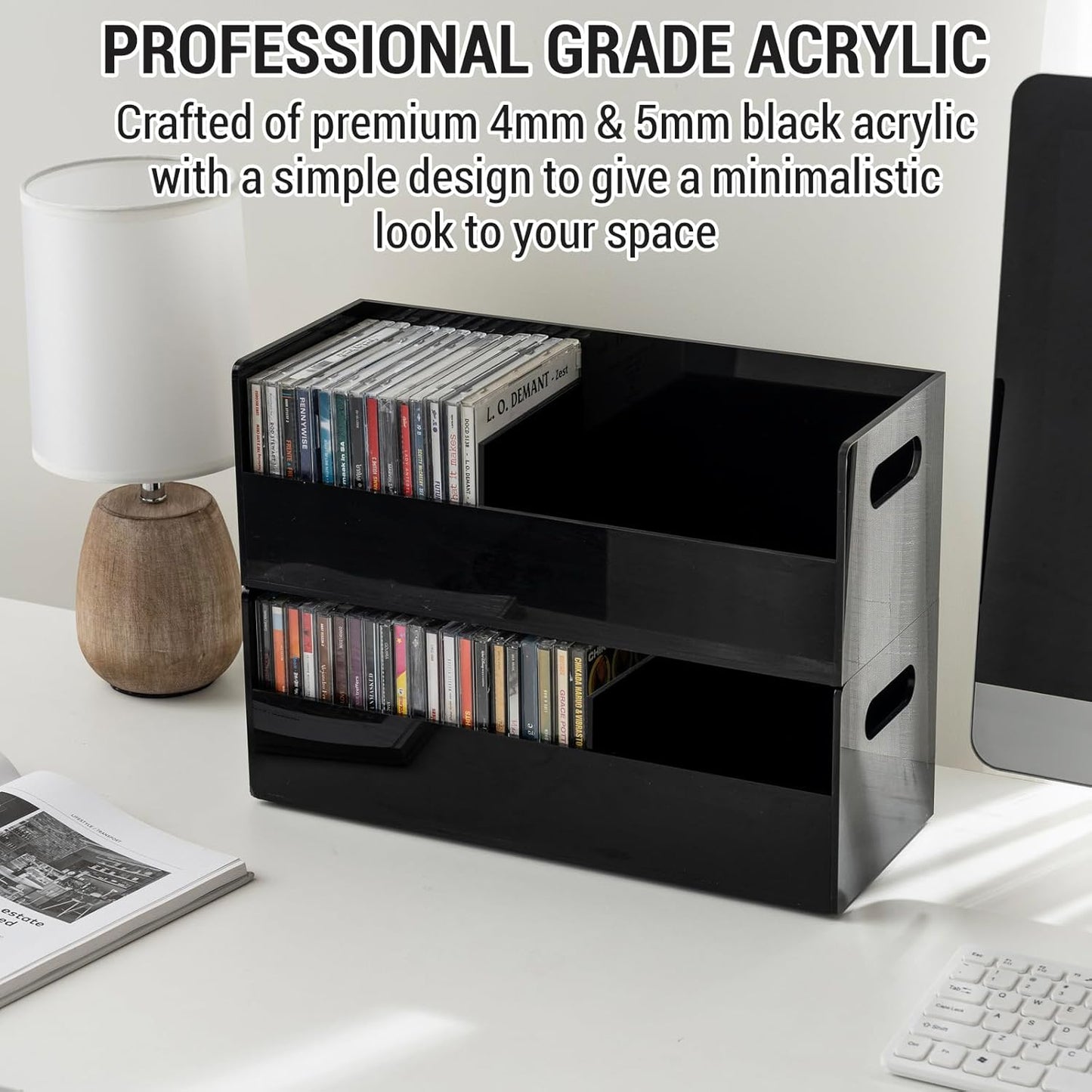 MyGift Modern Premium Clear Acrylic Stackable CD Holder Rack with Cutout Carrying Handles, Compact Disc Jewel Case Display Crate, Media Storage Organizer
