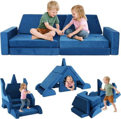 Tangram Puzzles modular kids play couch building fort, Children explorer sofa with Ball Pit, Kids playroom convertible furniture for Inspiring Child Creativity, Made entirely of sponge (Blue Series)