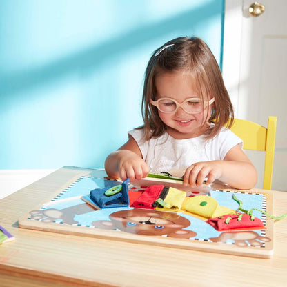 Melissa & Doug Basic Skills Puzzle Board - Wooden Educational Toy Learn to Button Busy Board, Activity for Fine Motor Skills, Developmental Toy for Toddlers Ages 3+
