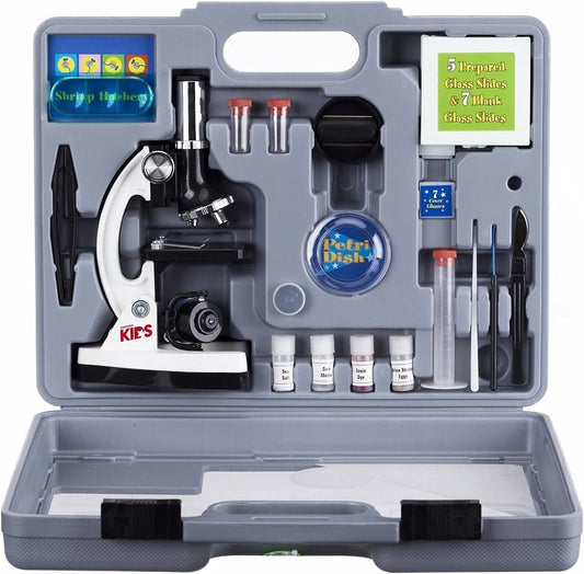 AMSCOPE-Kids 120X-1200X White Metal Arm Starter Kids Student Microscope Kit and Compact Refractor Telescope with Tripod - M30-ABS-KT2-W-TKVB1