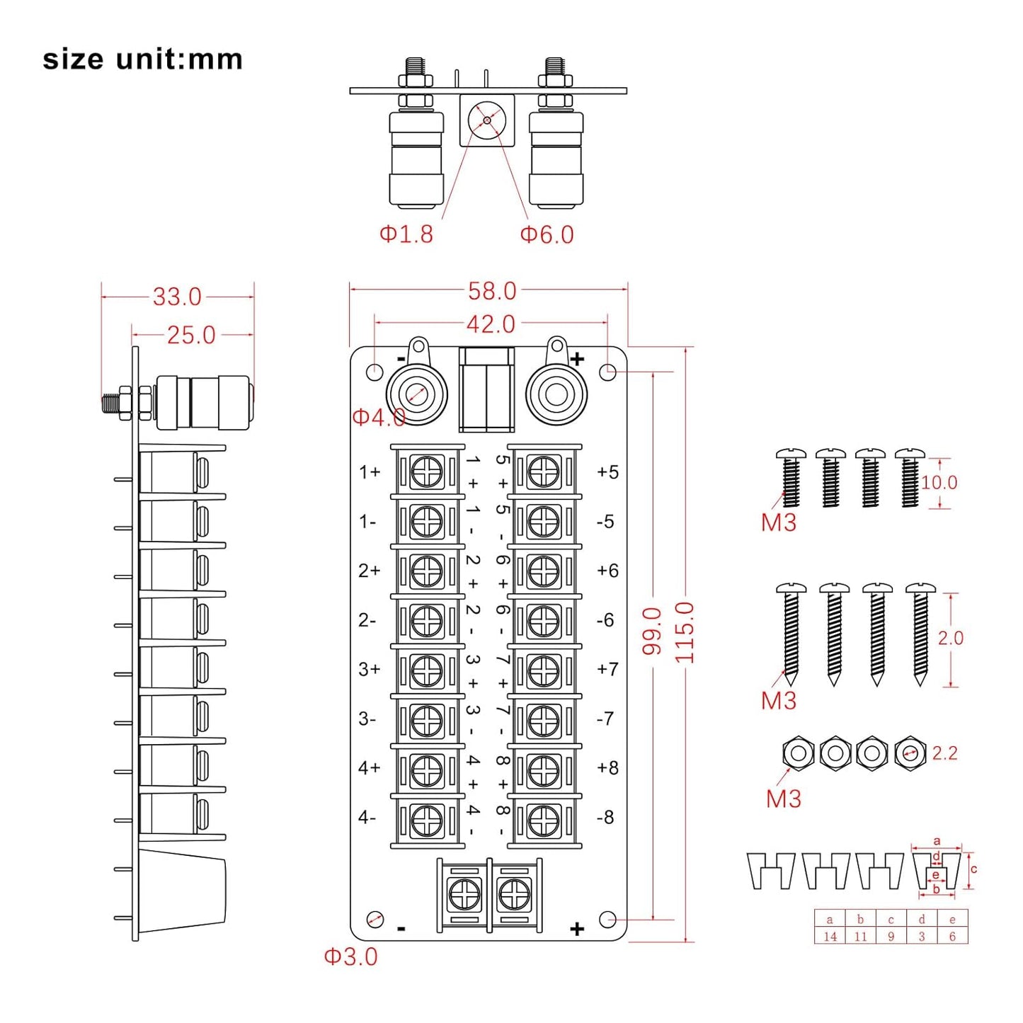 72V 20A 1X 9 Position Power Distribution Board 2 Inputs 2 x 9 Outputs for DC AC PCB016 Red