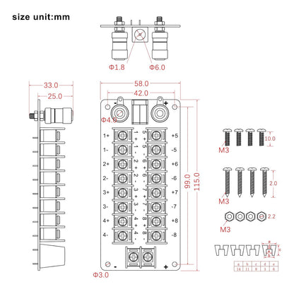 72V 20A 1X 9 Position Power Distribution Board 2 Inputs 2 x 9 Outputs for DC AC PCB016 Red