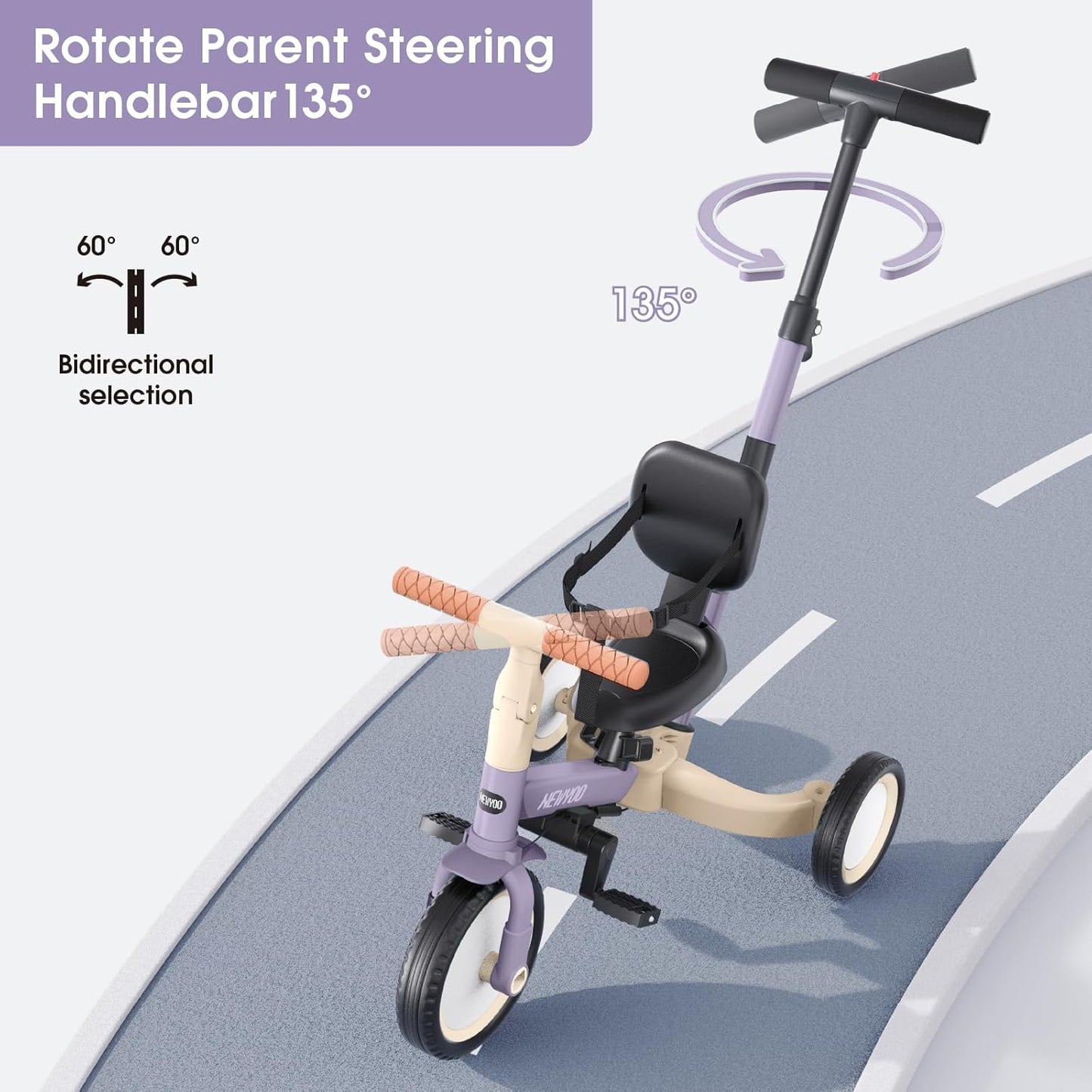 newyoo Toddler Tricycle with Push Handle for 1-3 Year Old, Toddler Bike, Birthday Gift and Toy for Boys and Girls, 5 in 1 Kids Trike, Balance Bike with Backrest and Safety Belt, Khaki, TR007