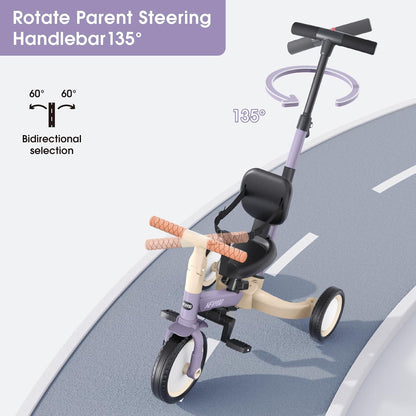 newyoo Toddler Tricycle with Push Handle for 1-3 Year Old, Toddler Bike, Birthday Gift and Toy for Boys and Girls, 5 in 1 Kids Trike, Balance Bike with Backrest and Safety Belt, Khaki, TR007
