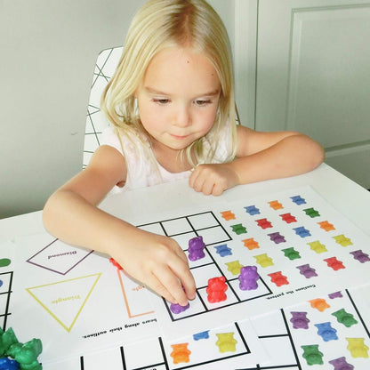 Legato Counting Bear Activity Sheets and eBook; 20 Large, Glossy Card Stock Sheets (each 8.5" x 11"); Helps with Patterns, Graphing, Colors, and More! Use with any 1" bear manipulative with 6 colors.