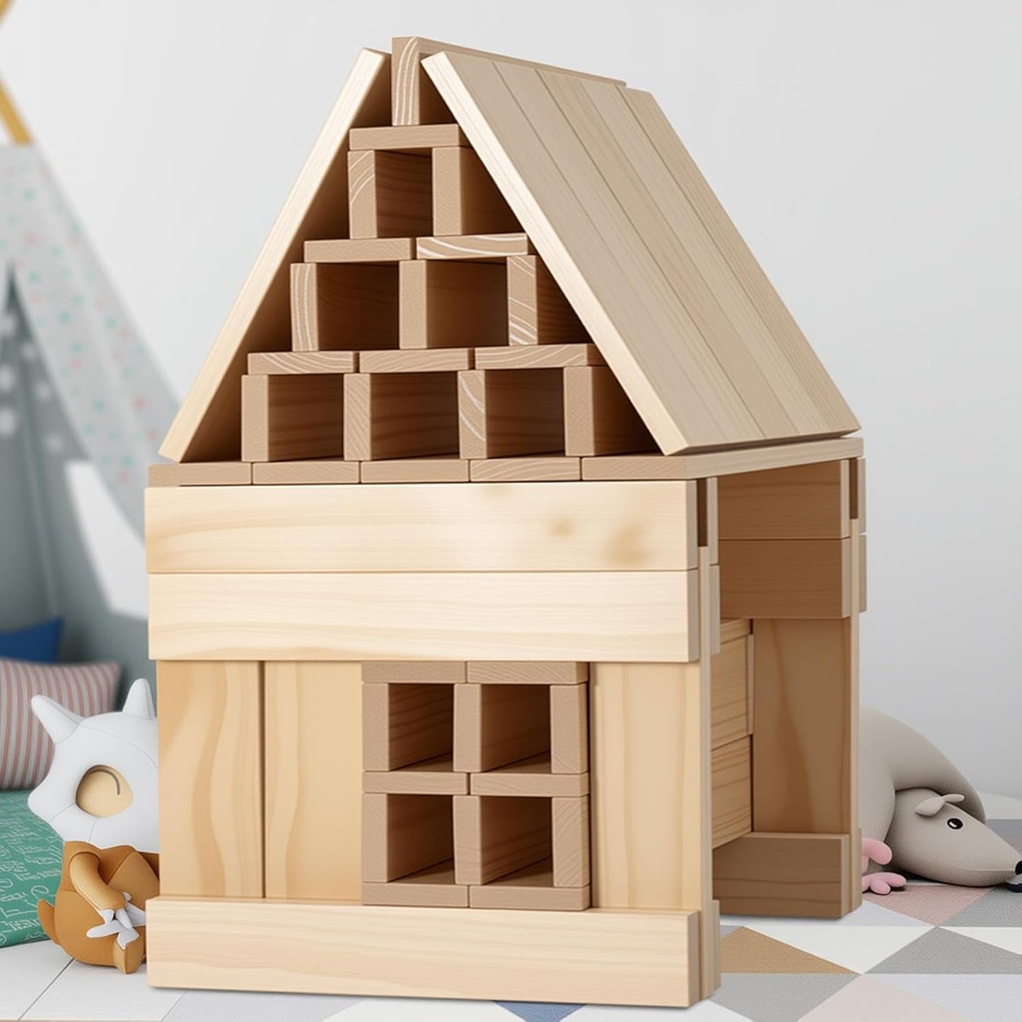 Premium 300 Pcs Natural Wooden Building Blocks for Kids Ages 3-12,Pine STEM Construction Toy - Open-Ended Classic Building Blocks Set for Castles, Bridges & Towers, Educational Learning Gift (4.7 in)