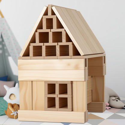 Premium 300 Pcs Natural Wooden Building Blocks for Kids Ages 3-12,Pine STEM Construction Toy - Open-Ended Classic Building Blocks Set for Castles, Bridges & Towers, Educational Learning Gift (4.7 in)