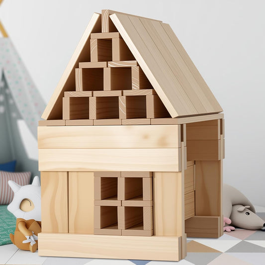 Premium 300 Pcs Natural Wooden Building Blocks for Kids Ages 3-12,Pine STEM Construction Toy - Open-Ended Classic Building Blocks Set for Castles, Bridges & Towers, Educational Learning Gift (4.7 in)
