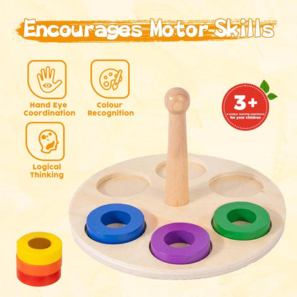 Adena Montessori Wooden Stacking and Sorting Ring,Wooden Rings on Peg,Colorful 5 Shapes on Curved Peg Horizontal Dowel Variation,Fine Motor Skills Development Toys for 1 2 3 Years Old Toddlers