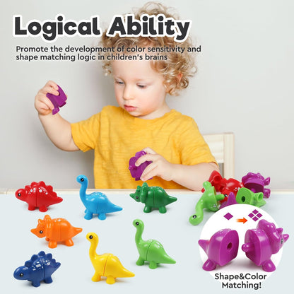 Montessori Matching Dinosaurs Toy, Color and Shapes Recognition, Snap and Pattern Match Game Preschool Learning Toys Homeschooling Class Activity Teaching Tool, Birthday Gift for Kids boys & Girls