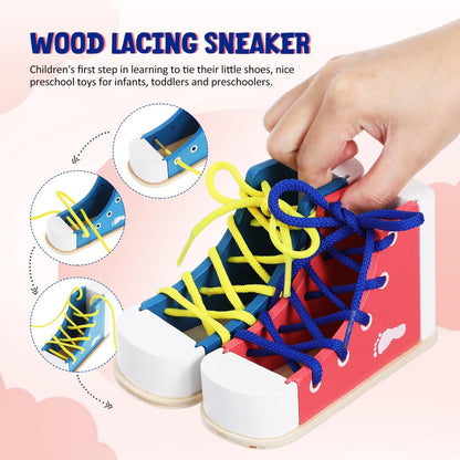 STOBOK 2pcs Learn to Tie Shoes for Kids with Wooden Lacing Sneaker Toy Tie-Up Shoe Practice Kit Threading Montessori Educational Toys (Blue + Pink)