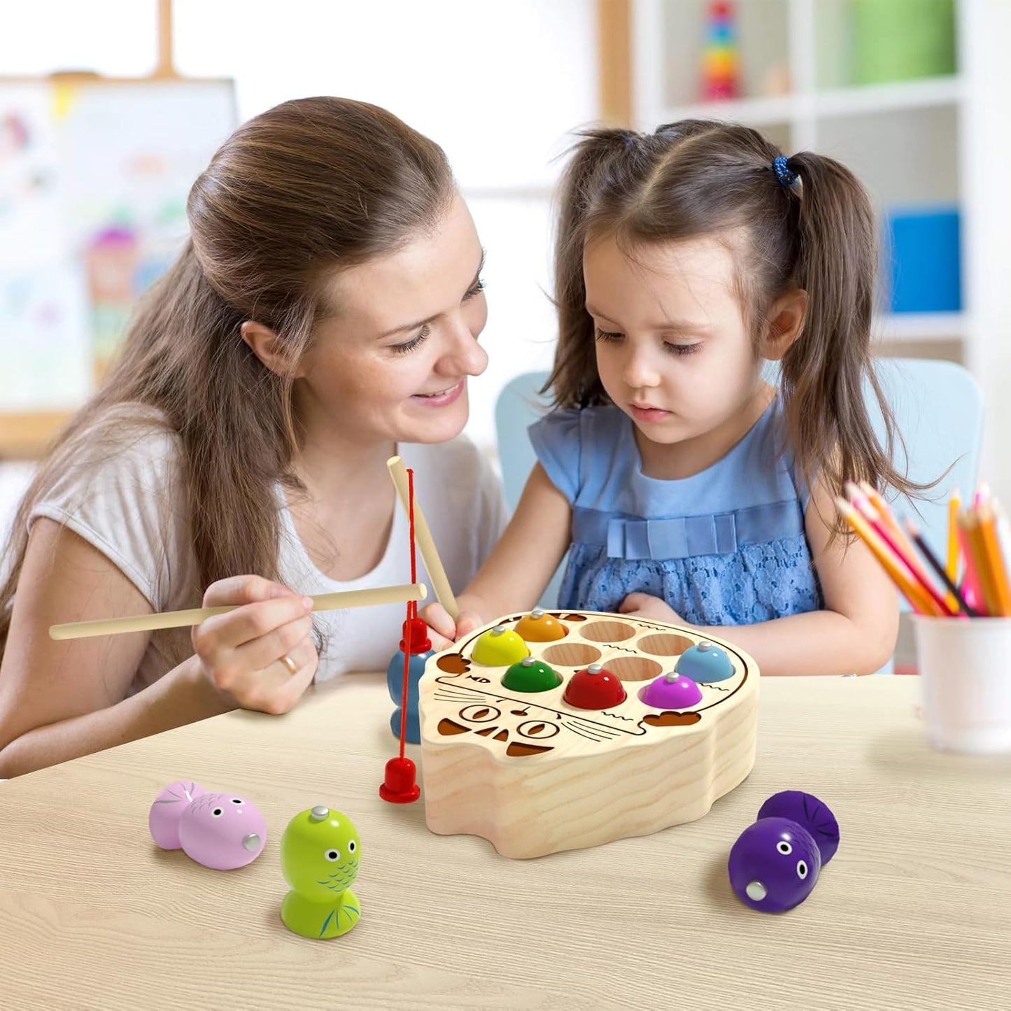 Wooden Magnetic Fishing Game for Toddlers 1-3, Montessori Sensory Busy Board Fine Motor Skills Toys for 1 2 3 Years Old Boys Girls (Frog B-Fish Game)