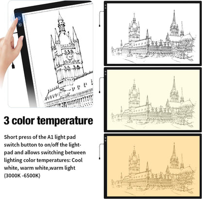 Rechargeable A3 Light Pad for Diamond Painting,Tracing Light Box with Stand and Clip,3 Colors Stepless Dimmable and 6 Levels of Brightness Light Board for Artists,Drawing,Sketching,Animation