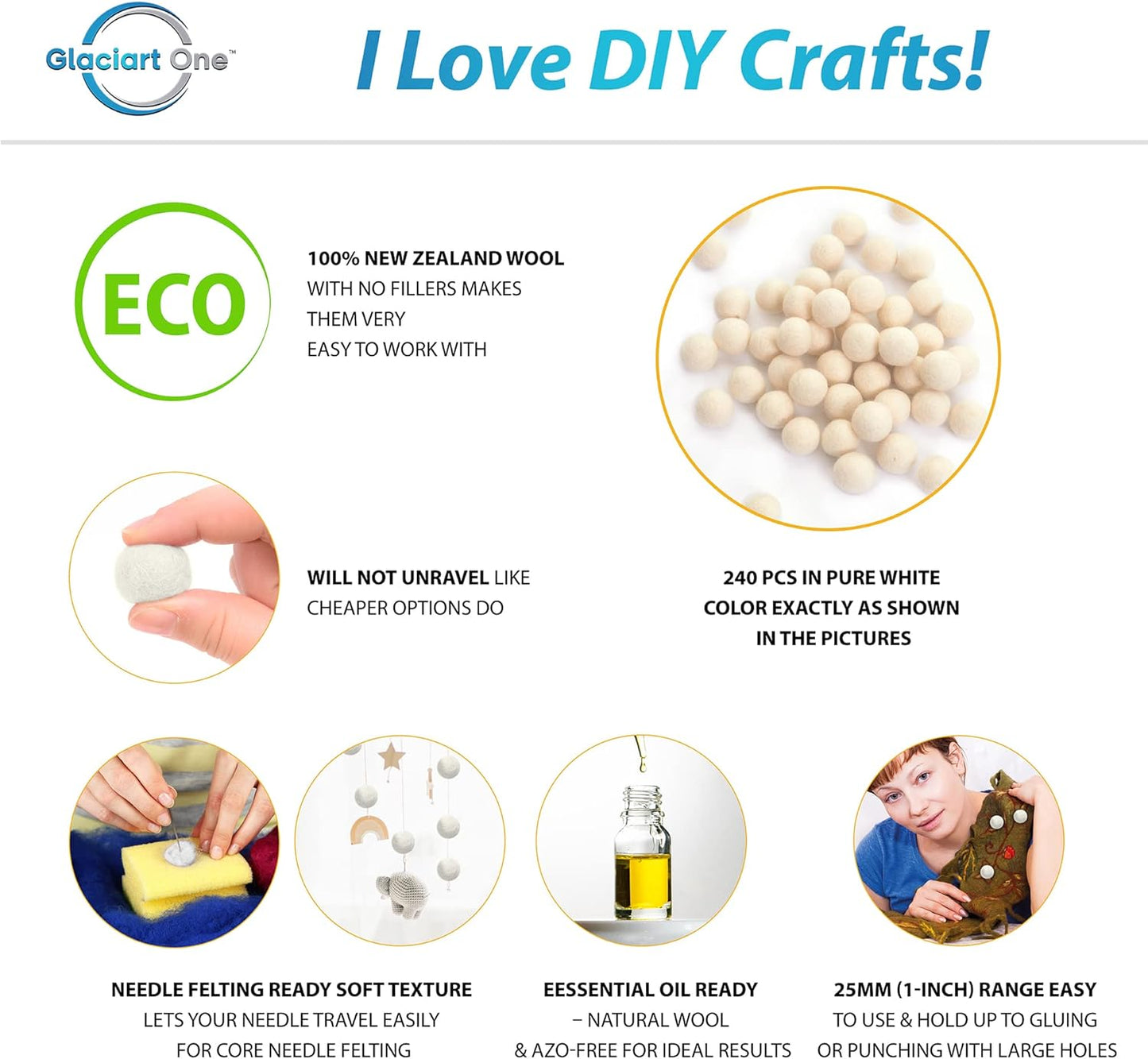 Glaciart One Wool Felt Balls, Felt Ball (240 Pieces) 2.5 Centimeters - 1 Inch, Handmade Felted Pure White Color - Bulk Small Puff for Felting and Garland
