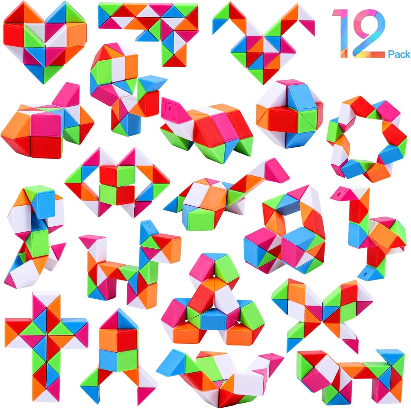24 Pack Magic Snake Cube Fidget Toys for Kids - 24 Blocks Rainbow Twist Puzzle, Party Favors, Classroom Prizes, Birthday Goodie Bag Fillers, Stress Relief Sensory Toys