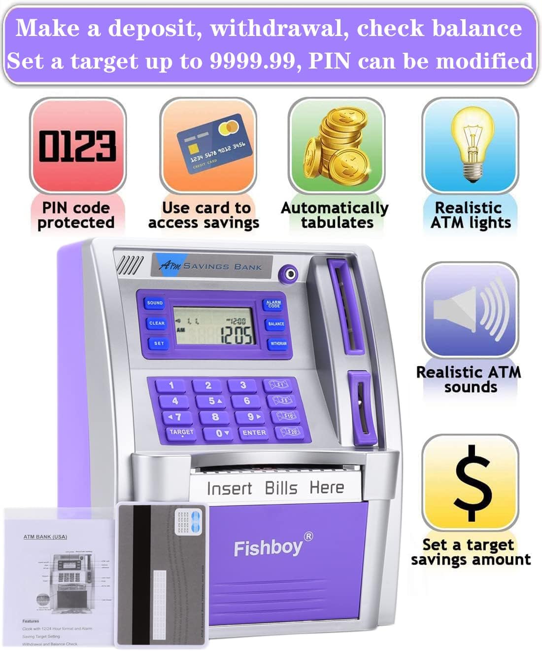 Fishboy Talking Pink ATM Piggy Bank for Kids with Dual Debit Cards, Power-Off Memory, Auto-Opening Drawer for Real Money for Girls, Onekey Shutdown, Bill Feeder, Coin Recognition, Balance Calculator