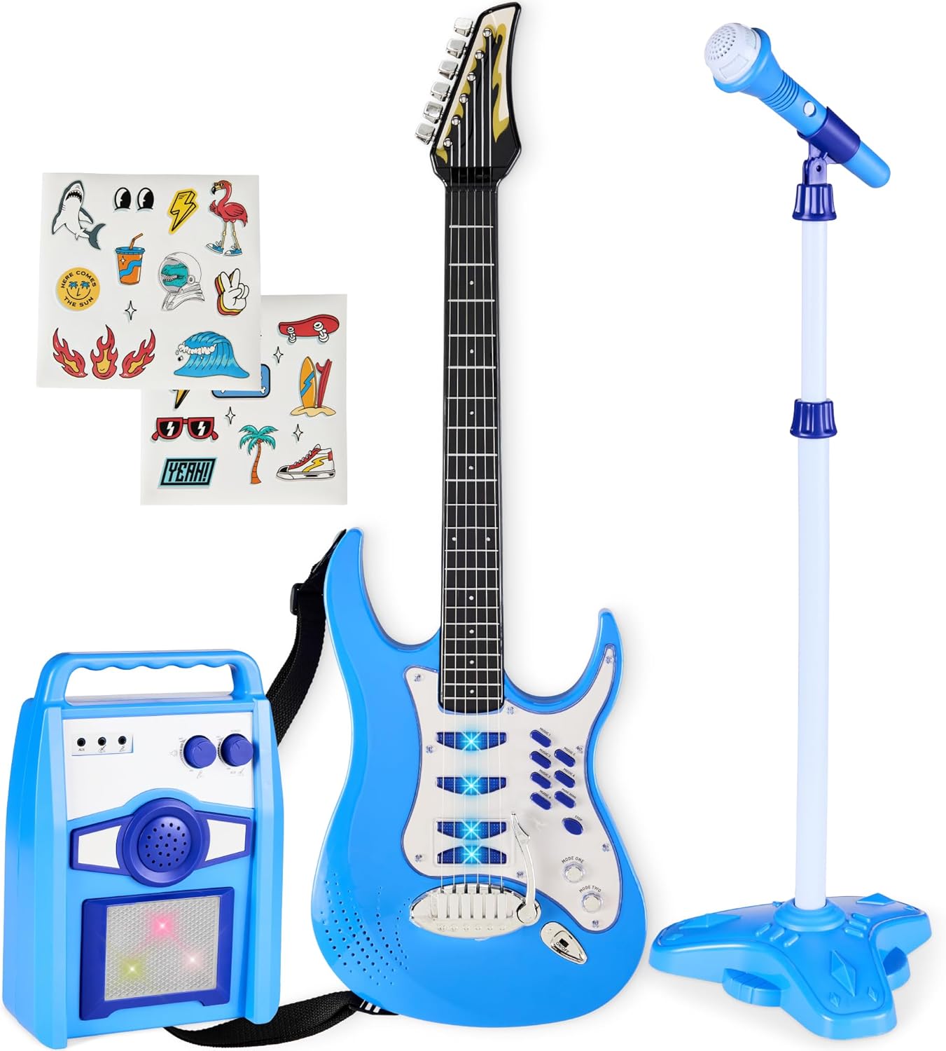 Best Choice Products Kids Electric Guitar Set with Microphone & Amp, Interactive Musical Toy for Boys & Girls, Lights & Sounds, Demo Songs, AUX Input, DIY Stickers - Blue