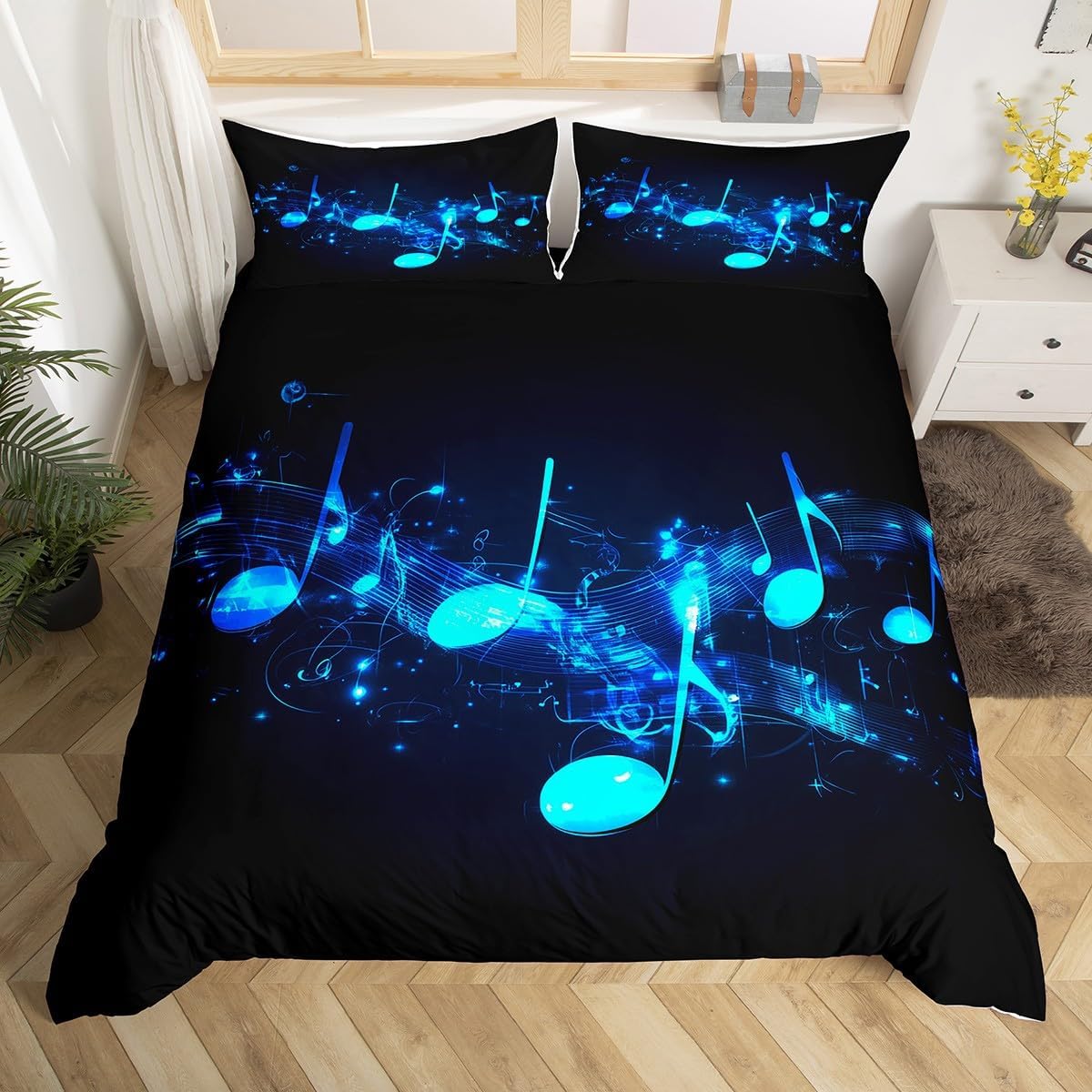 Drum Kit Comforter Cover Abstract Musical Instruments Bedding Set for Kids Boys Teens,Pop Music Duvet Cover Modern Rock Quilt Cover, Teal Laser Light Bedroom Decor Twin Size Blue Green Black